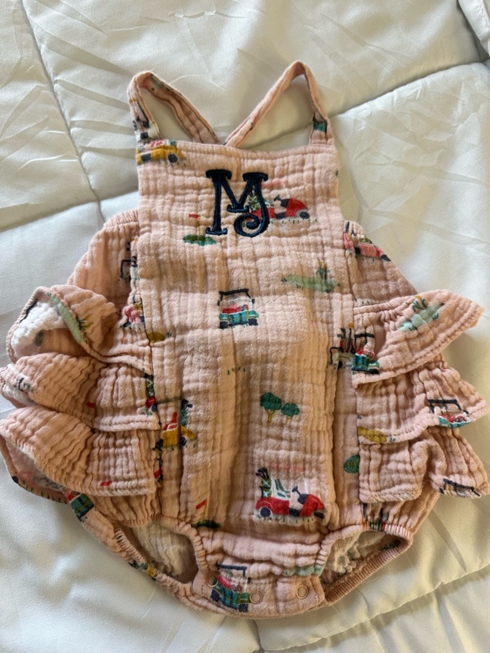 Angel Dear Pink Muslin Baby Romper with Embroidered Monogram